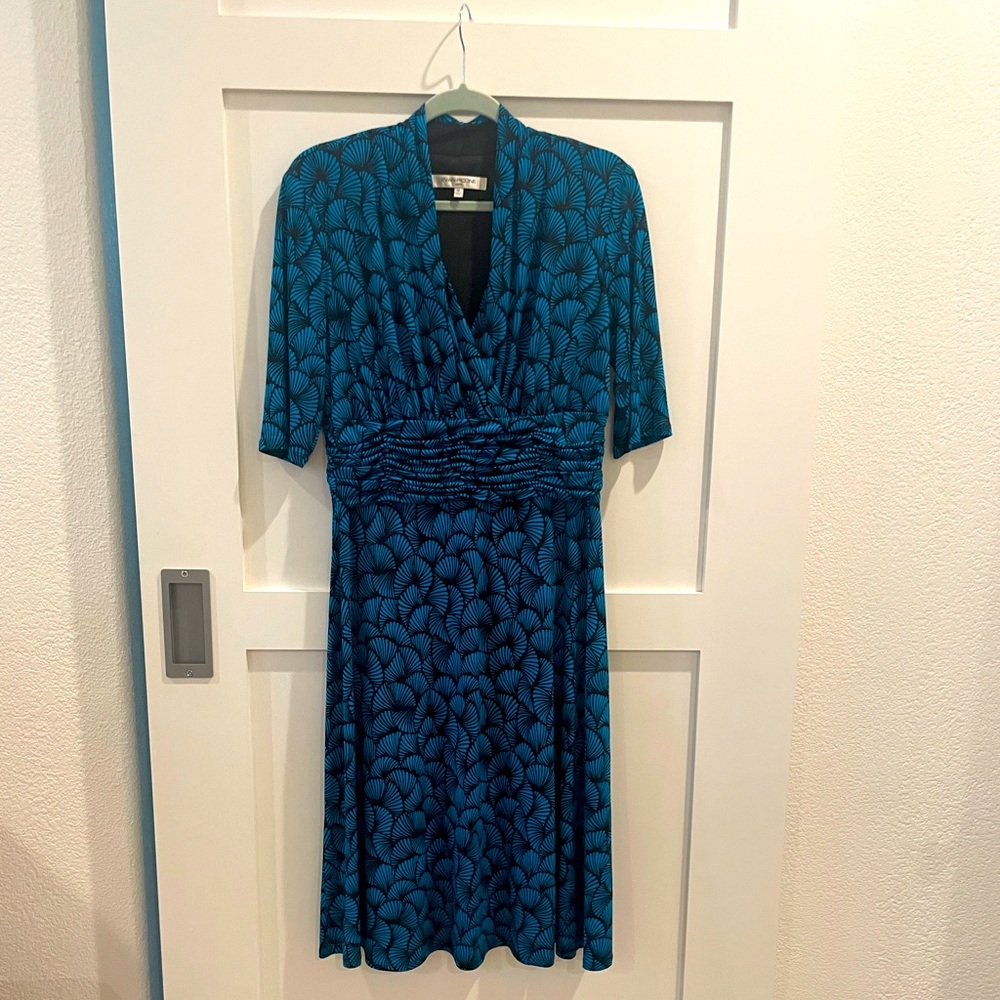 Evan Picone jersey Dress Print Turquoise Blue Black XL EUC